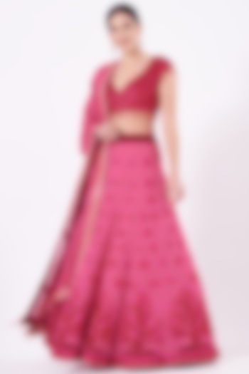 Cherry Tomato Embroidered Lehenga Set by Vandana Malhotra