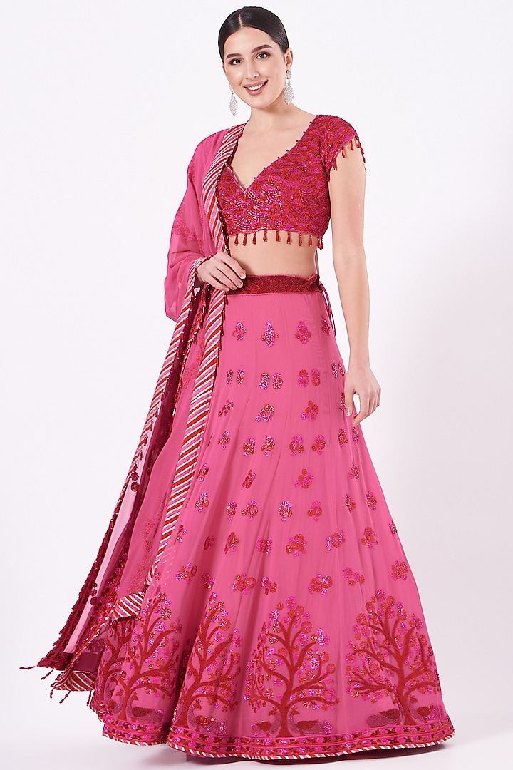 Cherry Tomato Embroidered Lehenga Set by Vandana Malhotra