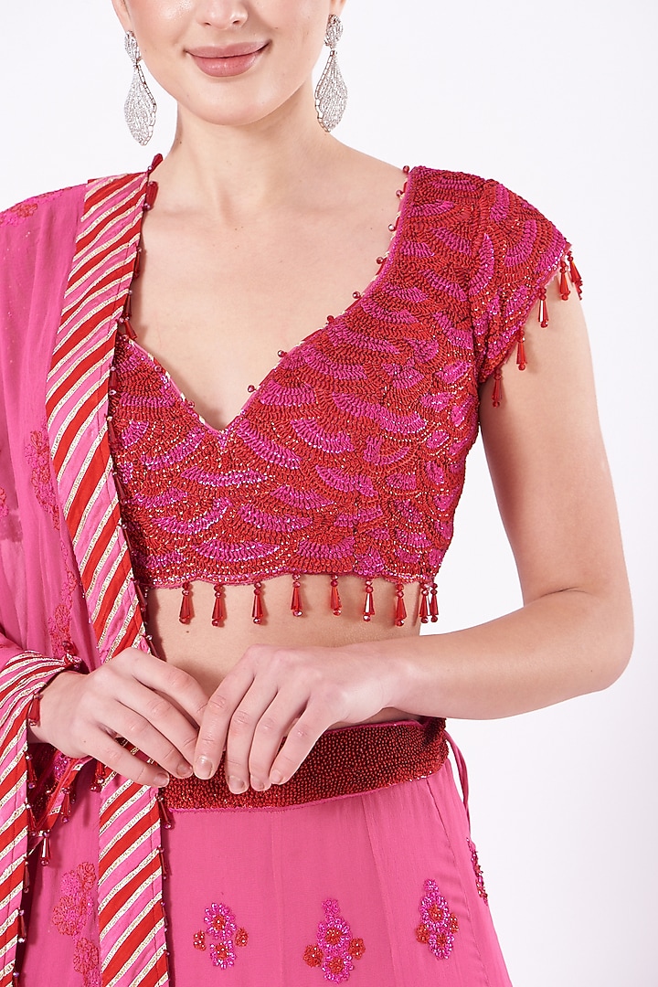 Cherry Tomato Embroidered Bridal Lehenga Set by Vandana Malhotra at Pernia's Pop Up Shop