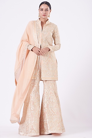 Peach Georgette Sharara Set by Vandana Malhotra
