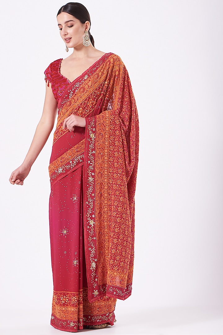 Cherry Tomato Embroidered Saree Set by Vandana Malhotra