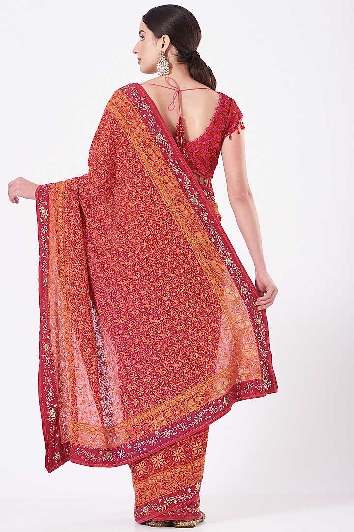 Cherry Tomato Embroidered Reception Saree Set by Vandana Malhotra at Pernia's Pop Up Shop