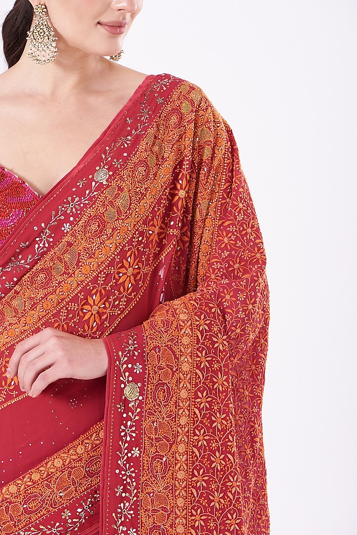Cherry Tomato Embroidered Reception Saree Set by Vandana Malhotra at Pernia's Pop Up Shop