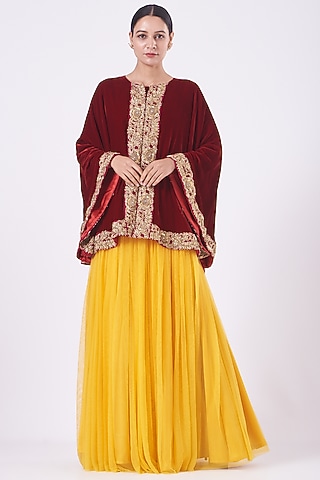 Maroon Velvet Embroidered Cape by Vandana Malhotra
