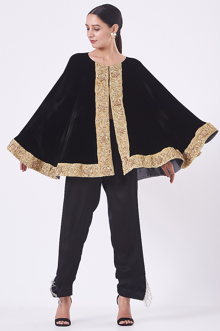 Black Velvet Embroidered Cape by Vandana Malhotra