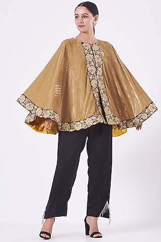 Gold Velvet Embroidered Cape by Vandana Malhotra
