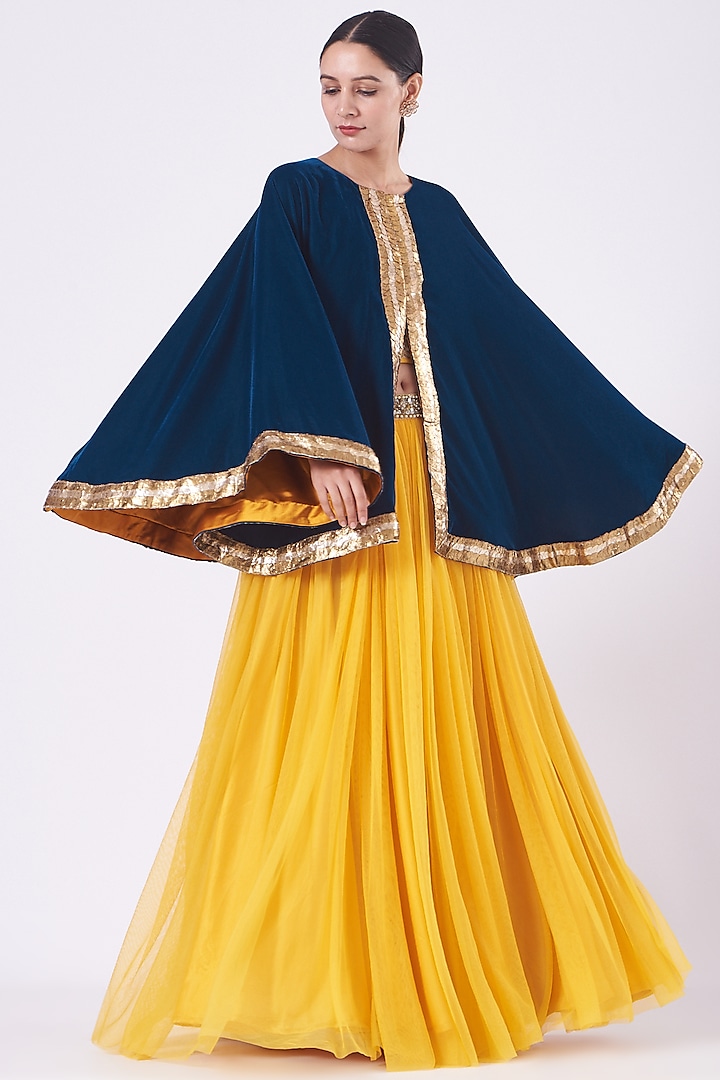 Midnight Blue Velvet Embroidered Cape by Vandana Malhotra