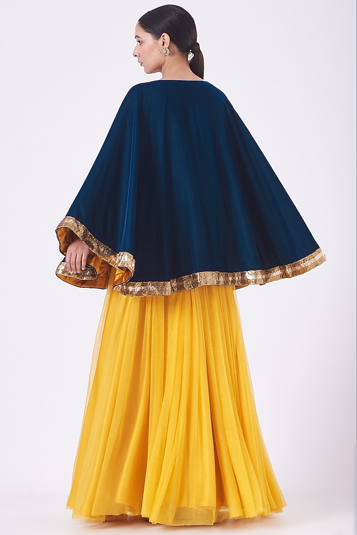 Midnight Blue Velvet Embroidered Cape by Vandana Malhotra at Pernia's Pop Up Shop