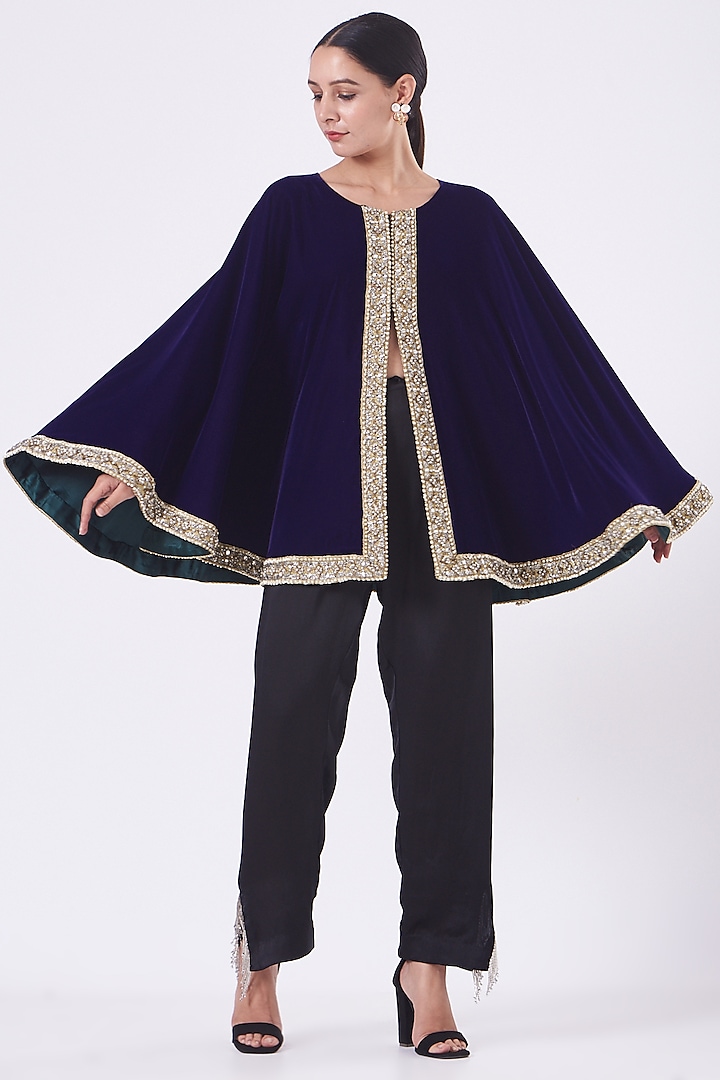 Purple Velvet Embroidered Cape by Vandana Malhotra