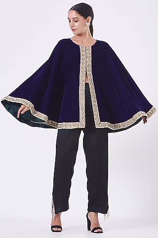 Purple Velvet Embroidered Cape by Vandana Malhotra