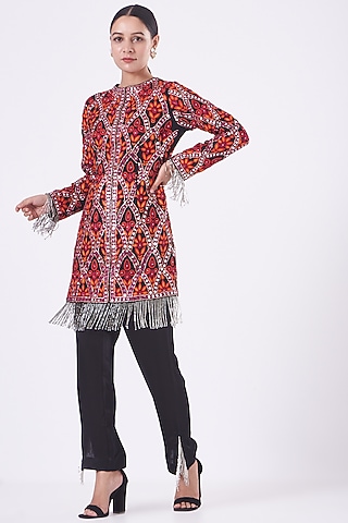 Red & Orange Georgette Tunic Set by Vandana Malhotra