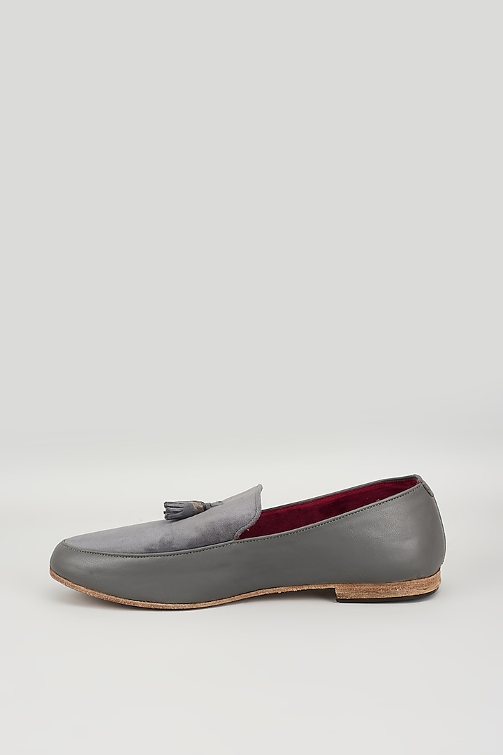 Grey Velvet & Leather Loafers by Vaibhav & Mitali Men