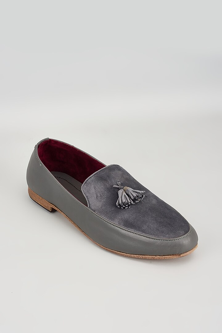 Grey Velvet & Leather Loafers by Vaibhav & Mitali Men at Pernia's Pop Up Shop