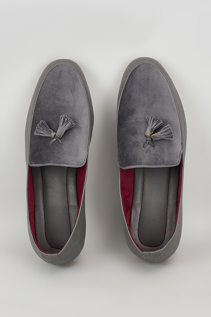 Grey Velvet & Leather Loafers by Vaibhav & Mitali Men at Pernia's Pop Up Shop
