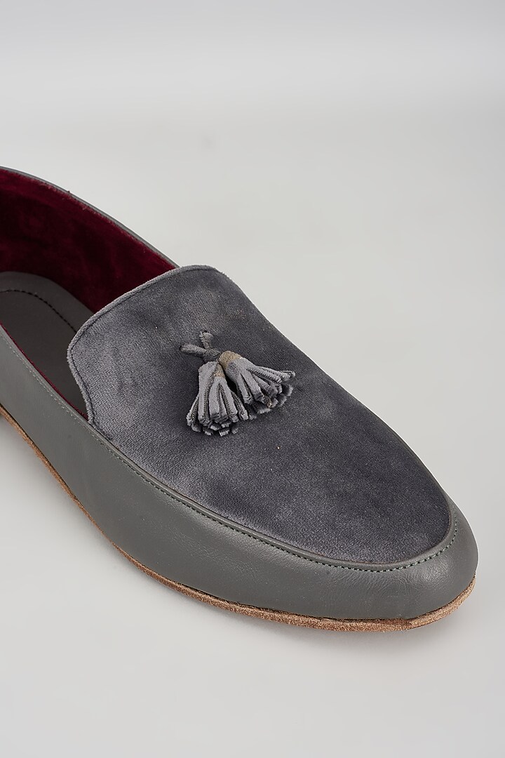 Grey Velvet & Leather Loafers by Vaibhav & Mitali Men at Pernia's Pop Up Shop