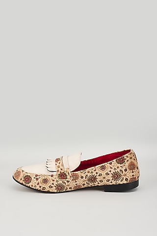 Off-White Velvet Printed Loafers by Vaibhav & Mitali Men