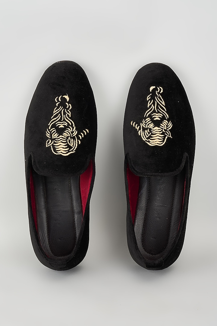 Black Velvet Embroidered Loafers by Vaibhav & Mitali Men at Pernia's Pop Up Shop