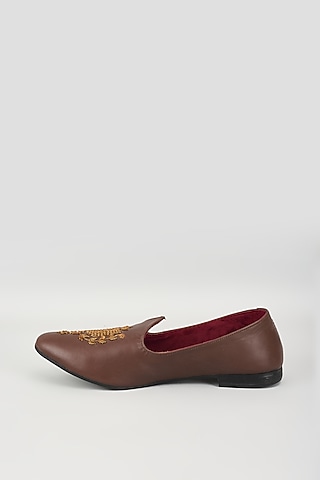 Brown Leather Zardosi Embroidered Mojris by Vaibhav & Mitali Men