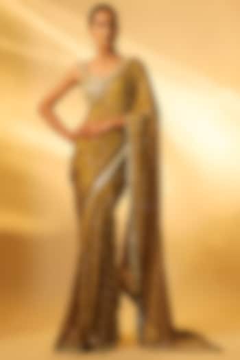 Golden Chinon Mirror Embroidered Wedding Saree Set by Vana Ethnics at Pernia's Pop Up Shop