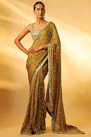 Golden Chinon Mirror Embroidered Saree Set by Vana Ethnics
