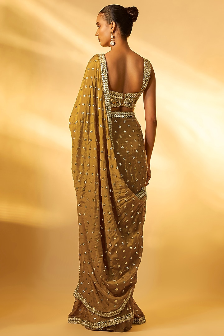Golden Chinon Mirror Embroidered Wedding Saree Set by Vana Ethnics at Pernia's Pop Up Shop