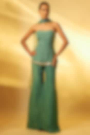 Basil Green Chiffon Sequins Embroidered Kurta Set by Vana Ethnics at Pernia's Pop Up Shop