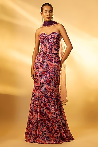 Violet Chiffon Embroidered Skirt Set by Vana Ethnics