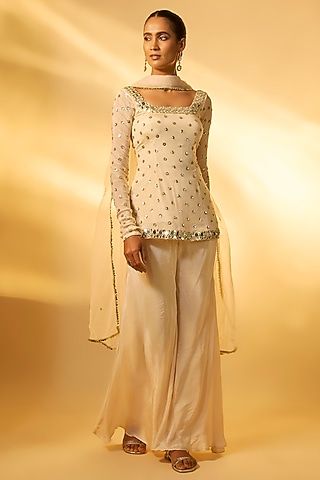 Ivory Chiffon Sequins Embroidered Kurta Set by Vana Ethnics