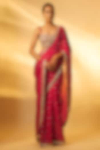 Red Chiffon Mirror Embroidered Pre-Draped Wedding Saree Set by Vana Ethnics at Pernia's Pop Up Shop