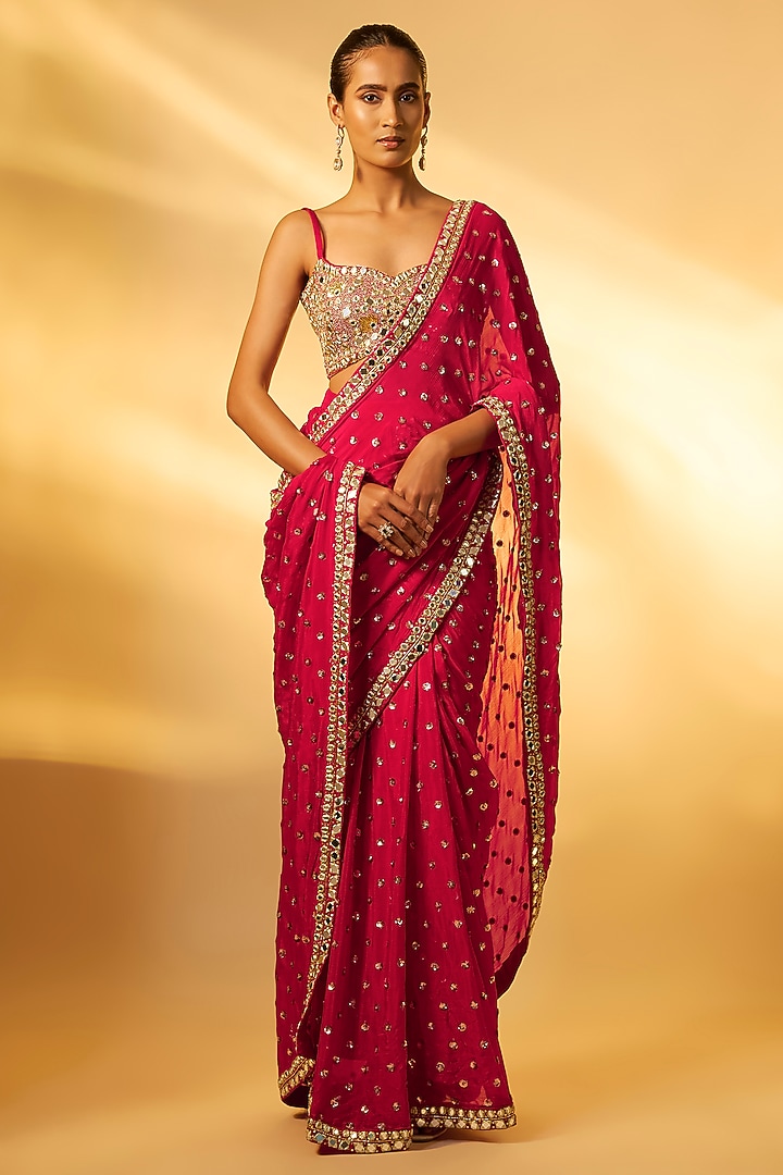 Red Chiffon Mirror Embroidered Pre-Draped Wedding Saree Set by Vana Ethnics at Pernia's Pop Up Shop