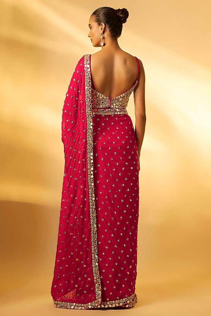 Red Chiffon Mirror Embroidered Pre-Draped Wedding Saree Set by Vana Ethnics at Pernia's Pop Up Shop