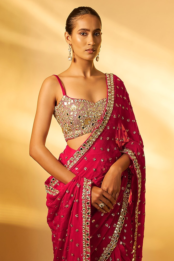 Red Chiffon Mirror Embroidered Pre-Draped Wedding Saree Set by Vana Ethnics at Pernia's Pop Up Shop