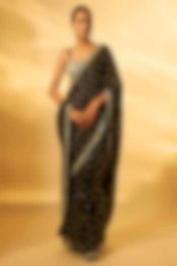 Black Chiffon Mirror Embroidered Pre-Draped Wedding Saree Set by Vana Ethnics at Pernia's Pop Up Shop