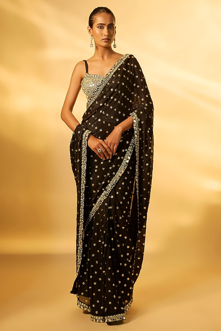 Black Chiffon Mirror Embroidered Pre-Draped Wedding Saree Set by Vana Ethnics at Pernia's Pop Up Shop