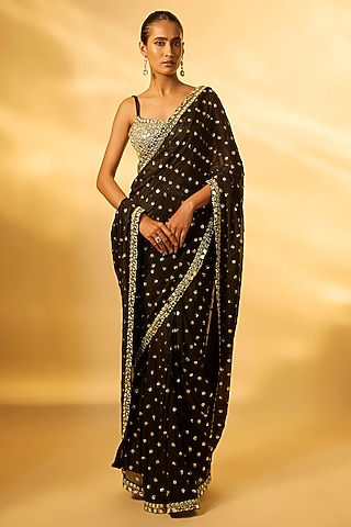 Black Chiffon Mirror Embroidered Pre-Draped Saree Set by Vana Ethnics
