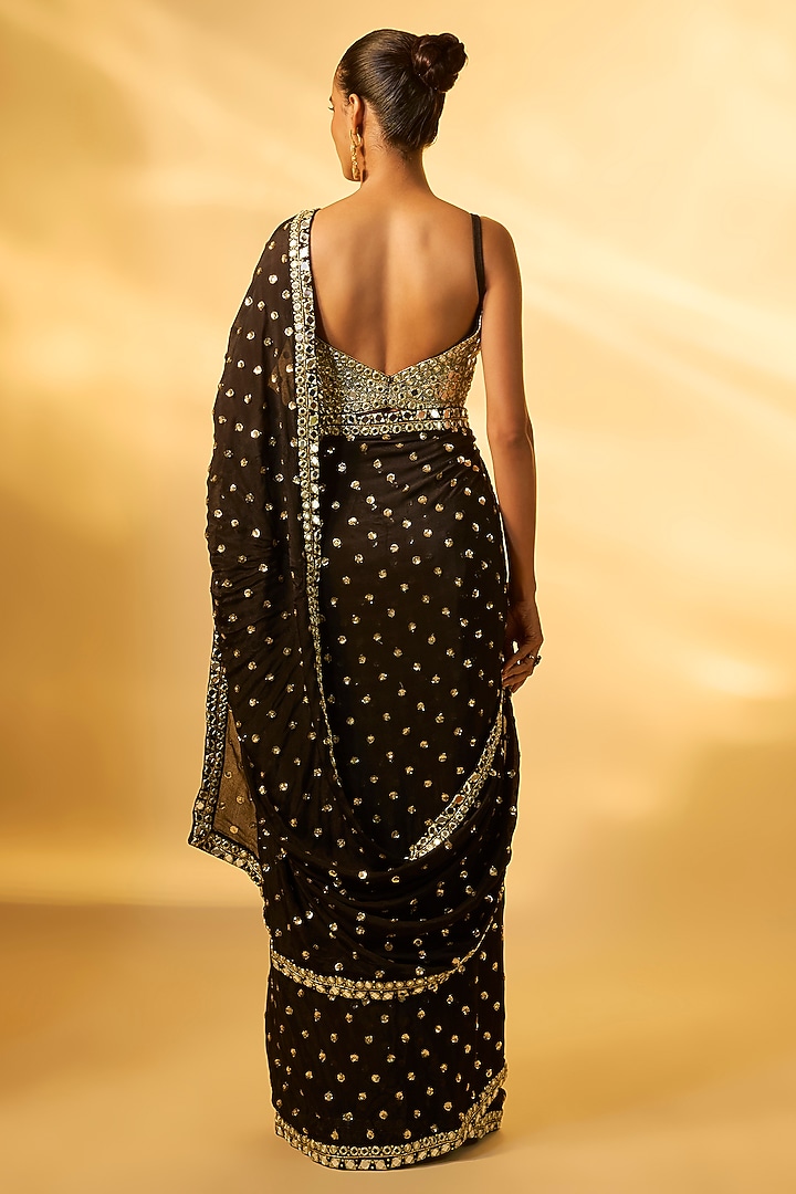 Black Chiffon Mirror Embroidered Pre-Draped Wedding Saree Set by Vana Ethnics at Pernia's Pop Up Shop