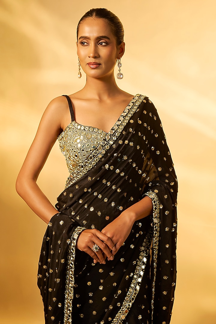 Black Chiffon Mirror Embroidered Pre-Draped Wedding Saree Set by Vana Ethnics at Pernia's Pop Up Shop