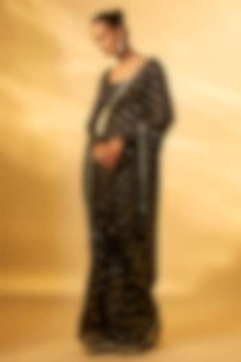 Black Chiffon Mirror Embroidered Pre-Draped Wedding Saree Set by Vana Ethnics at Pernia's Pop Up Shop