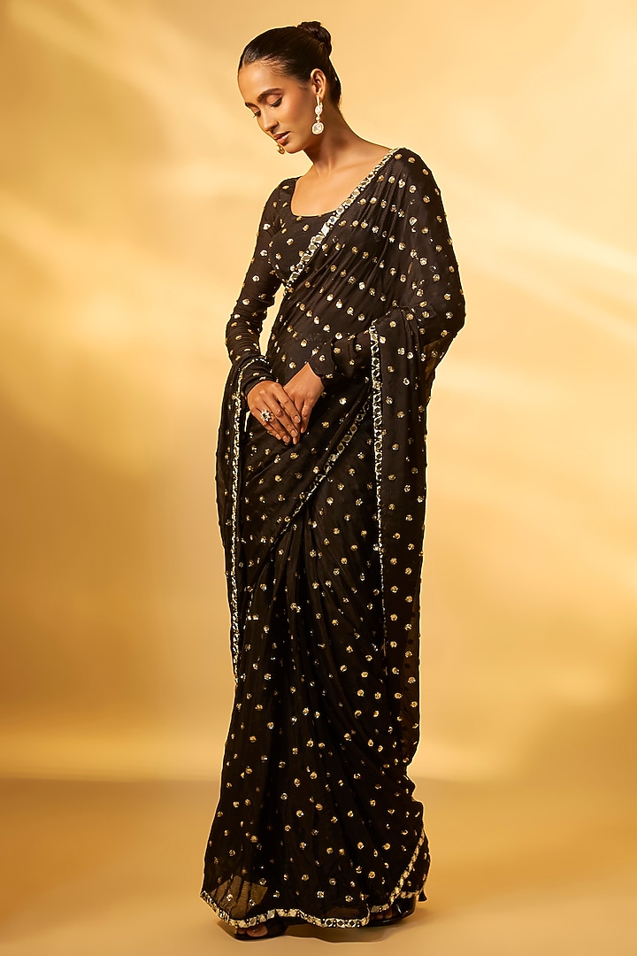 Black Chiffon Mirror Embroidered Pre-Draped Wedding Saree Set by Vana Ethnics at Pernia's Pop Up Shop