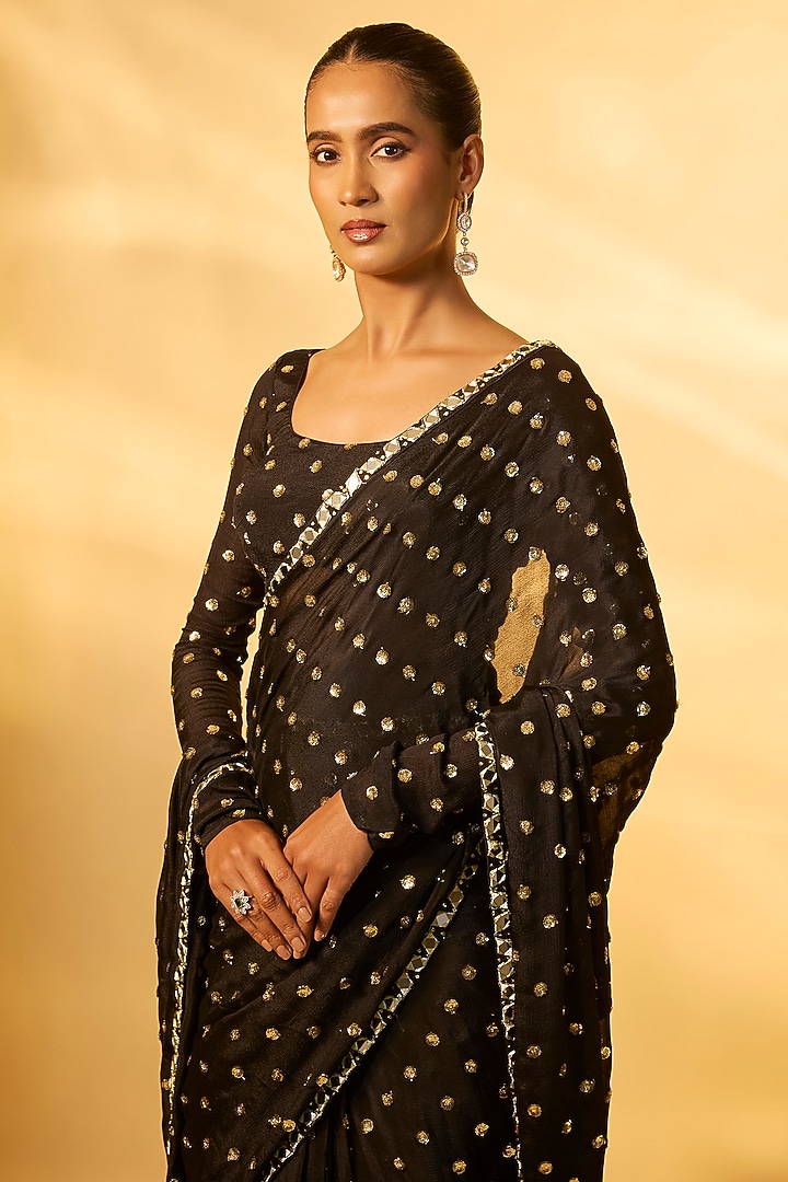 Black Chiffon Mirror Embroidered Pre-Draped Wedding Saree Set by Vana Ethnics at Pernia's Pop Up Shop