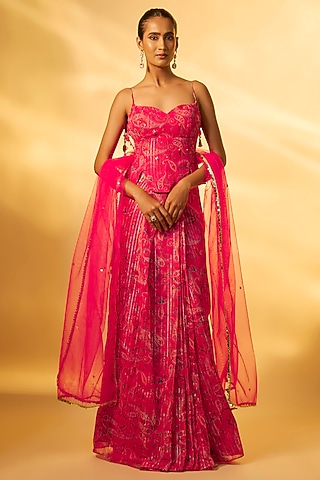 Pink Chiffon Paisley Printed Skirt Set by Vana Ethnics