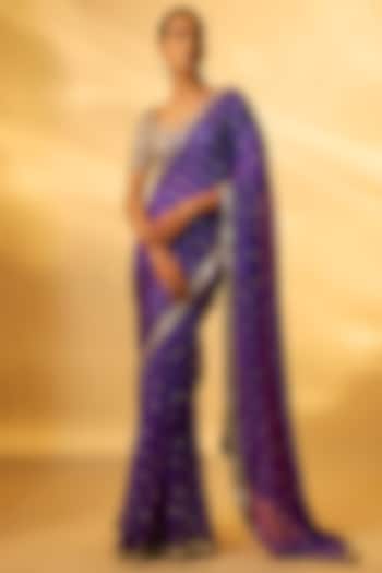 Purple Chinon Mirror Embroidered Wedding Saree Set by Vana Ethnics at Pernia's Pop Up Shop