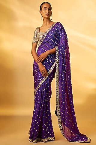 Purple Chinon Mirror Embroidered Saree Set by Vana Ethnics