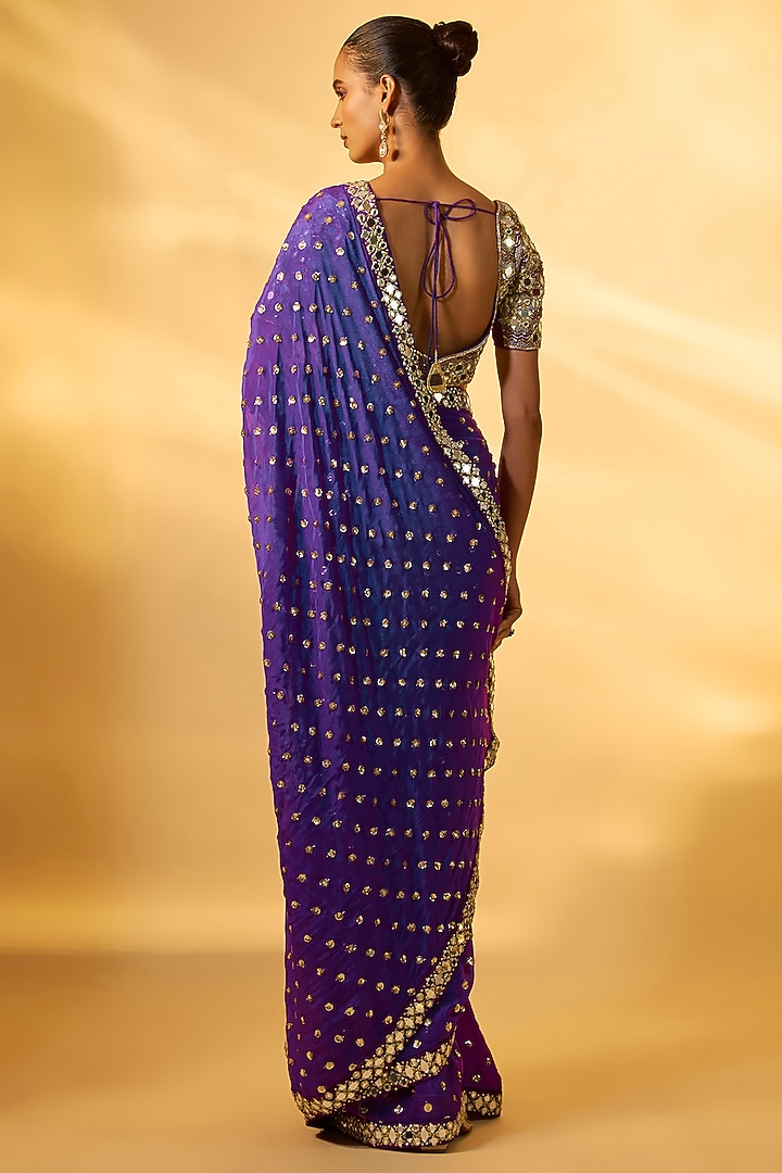 Purple Chinon Mirror Embroidered Wedding Saree Set by Vana Ethnics at Pernia's Pop Up Shop