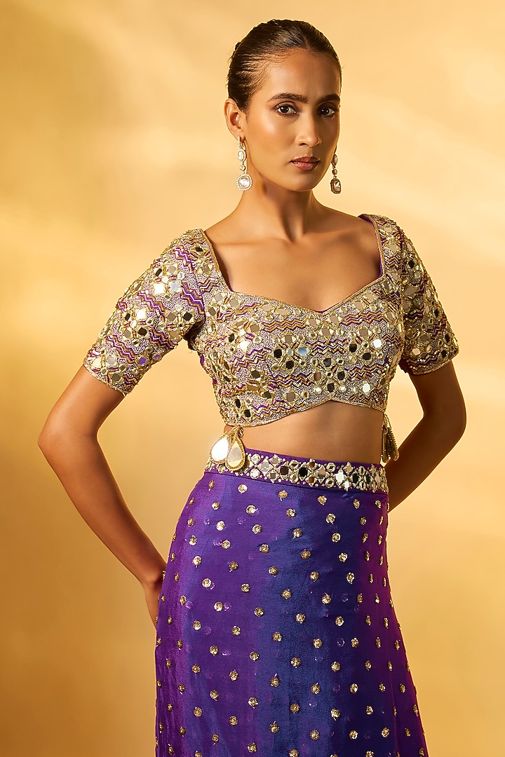 Purple Chinon Mirror Embroidered Wedding Saree Set by Vana Ethnics at Pernia's Pop Up Shop