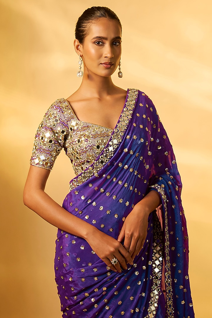 Purple Chinon Mirror Embroidered Wedding Saree Set by Vana Ethnics at Pernia's Pop Up Shop