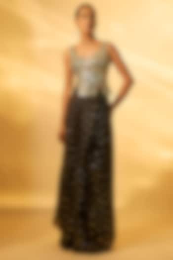 Black Chinon Sequins Embroidered Draped Skirt Set by Vana Ethnics at Pernia's Pop Up Shop
