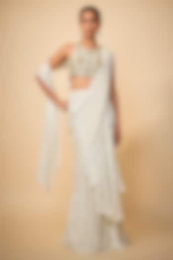 White Chinon Sequins Embroidered Draped Wedding Saree Set by VANA ETHNICS at Pernia's Pop Up Shop