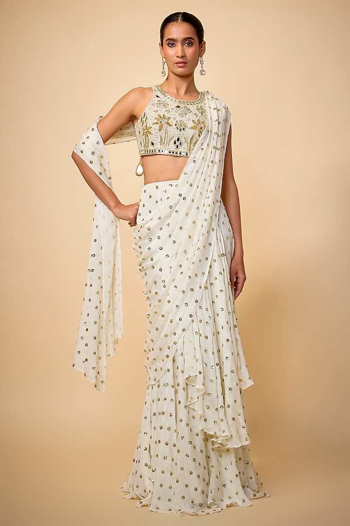 White Chinon Sequins Embroidered Draped Wedding Saree Set by VANA ETHNICS at Pernia's Pop Up Shop
