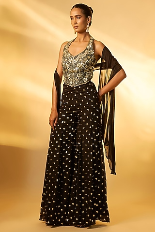 Black Chinon Sequins Embroidered Palazzo Set by Vana Ethnics